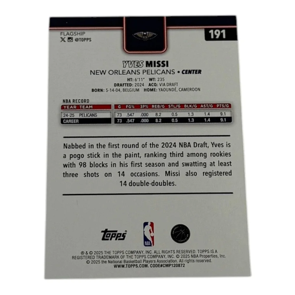 2025‎ Topps Flagship Yves Missi New Orleans Pelicans Rookie Card 191 Silver Foil - Picture 2 of 2